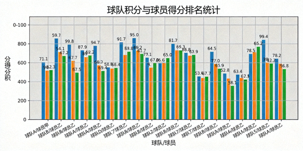 数据中心统计图表 - 多色柱状图展示球队积分与球员得分排名